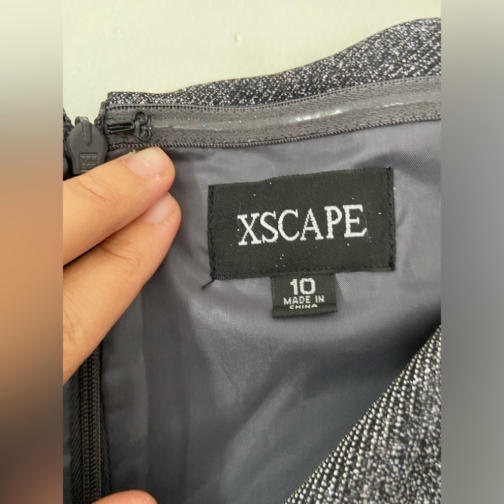 Xscape Off‎ the Shoulder V-Neck Silver Sprakly Fit and Flare Gown Dress - Picture 6 of 9